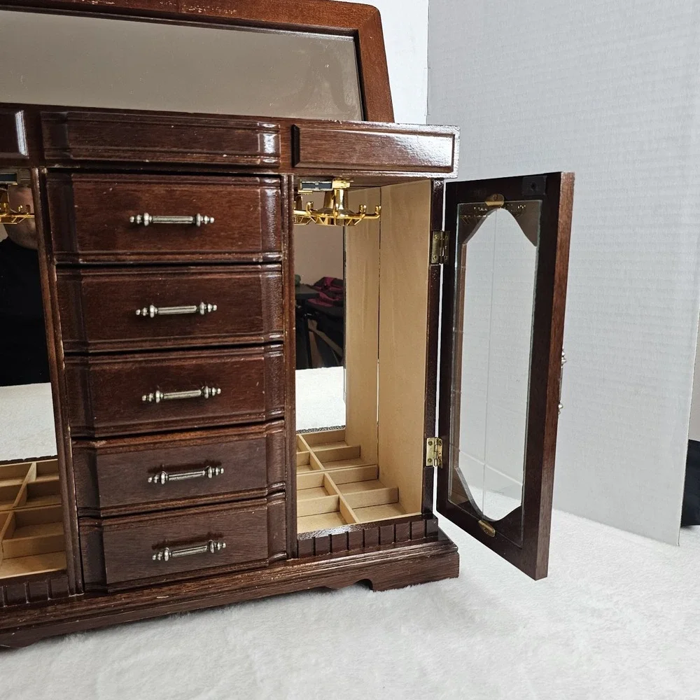 Vintage Wood Jewelry Box Brown Velvet Lined Mirror 5 Drawers Glass Doors